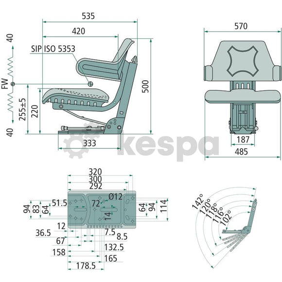 Tractor seat with fixed armrests and mechanical suspension
