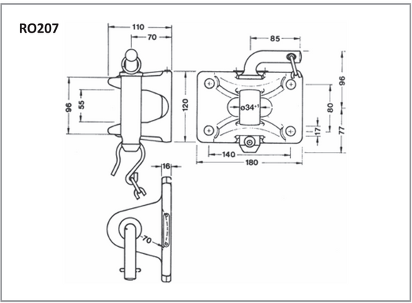 Pull coupling Rockinger flange 140x80mm, 34mm pin