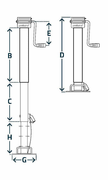 Support leg with side crank max 1.5 tons, galvanized with 715 mm lift. DG590/3SF from Simol - 0