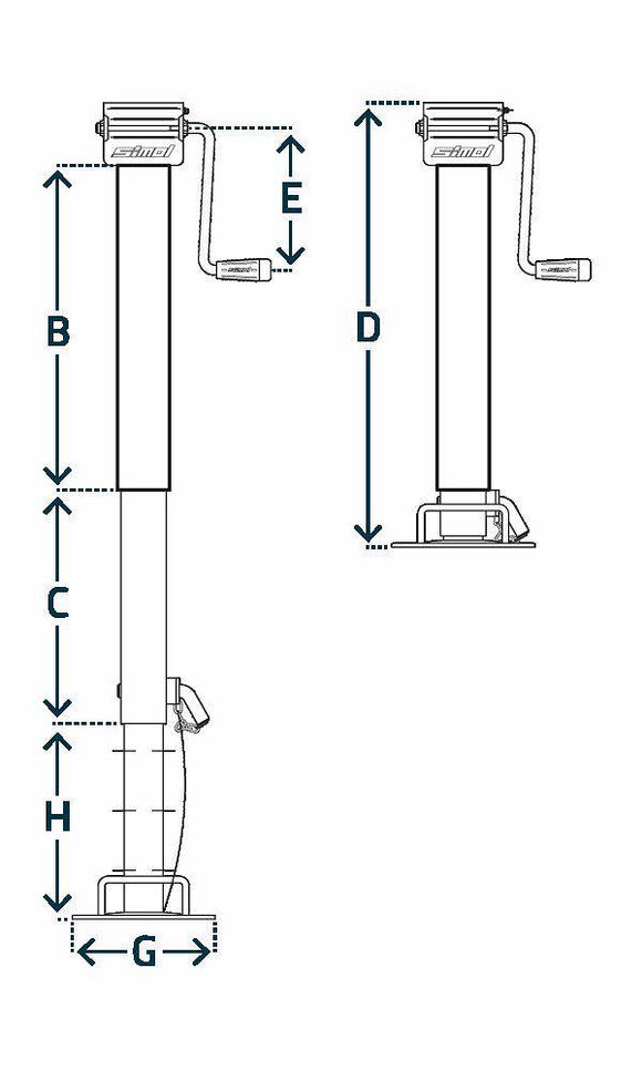 Support leg with side crank max 1.5 tons, galvanized with 715 mm lift. DG590/3SF from Simol